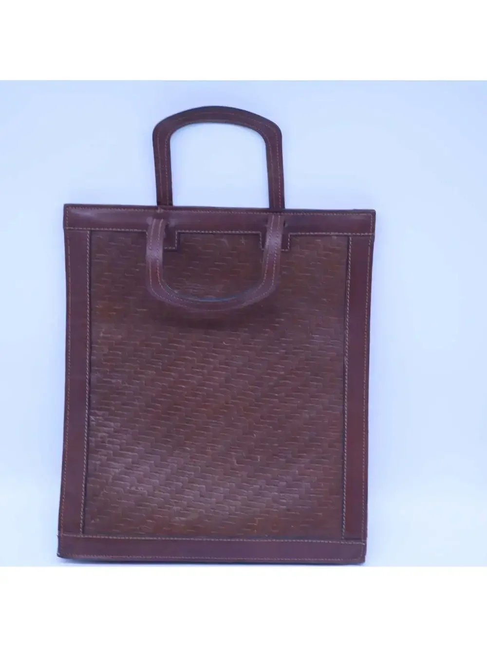 Vintage Woven Tooled Brown Leather Book Tote Bag Structured Document Portfolio